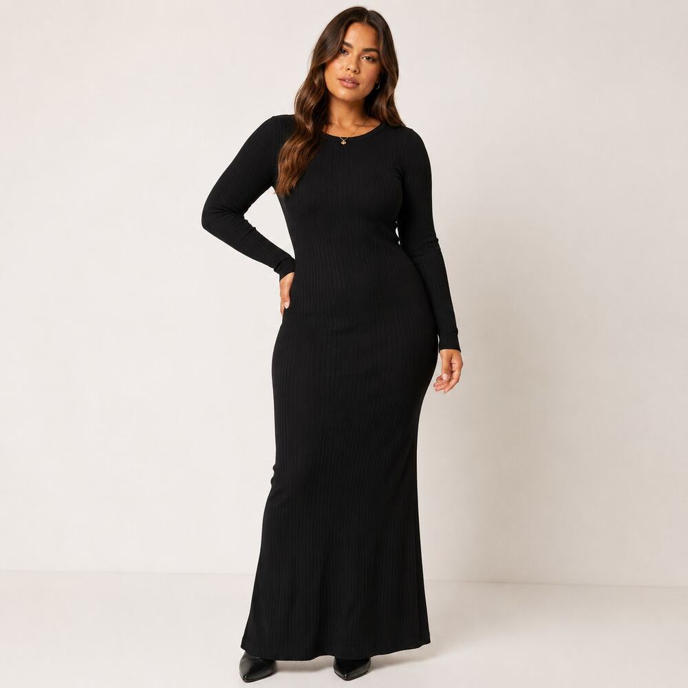 Topshop Black Ribbed Bodycon Maxi Dress - Size 6 - Picture 2 of 6